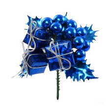 Metallic Blue Wreath Pick With Holly Leaves, Berries And 3 Packages (Lot of 12 Picks) SALE ITEM